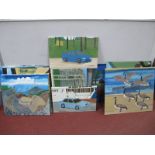 P.J Roebuck (Sheffield Artist) Windmills cars, mining work, ships, birds, landscapes and other