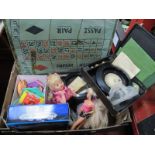 Two Mattel Barbie Dolls, Bluebird plastic houses, model trains, roulette, etc:- One Box