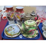 A Pair of Early XX Century Painted Glass Vases, German stoneware steins, pottery teapot and stand,
