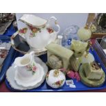 Onyx Cased Mantle Clock, owl, lighter, ashtray, figure. Royal Albert 'Old County Roses' jug and bowl