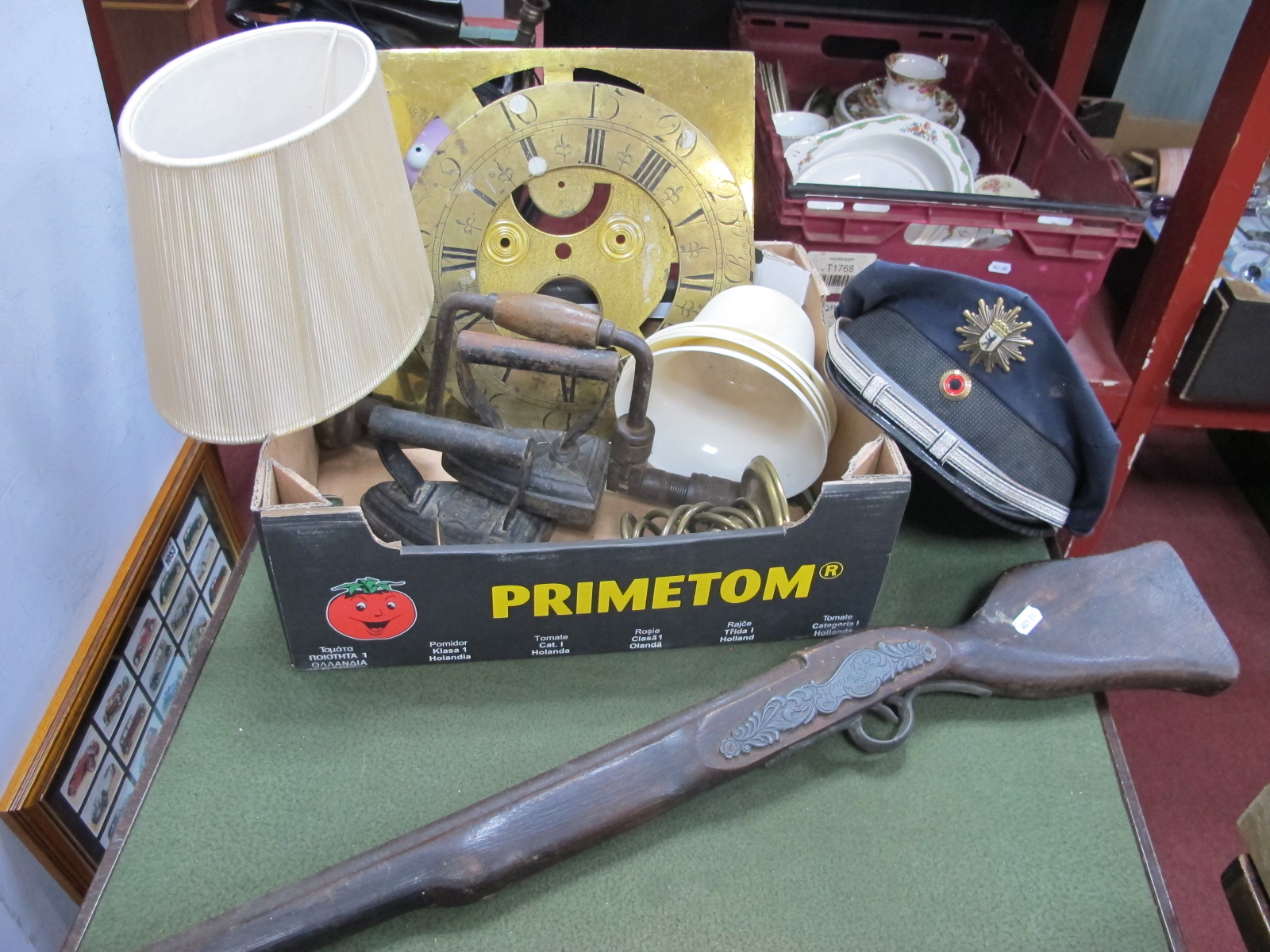 A XVIII Century Brass Chapter Ring (John Ramsbottom), two XIX Century flat irons, light shades,