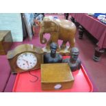 HMS Ganges Elephant, 31cm high, pair of carved hardwood busts, clock, box:- One Tray.