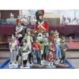 Black Watch Musical Decanter, 35cm high, eight ceramic military figures, three resin examples.