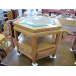 A Chinese Style Hardwood Hexagonal Shaped Coffee Table, with glass top, carved circular roundel with