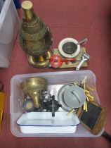 A Spong Bean slicer, sieve, scales, cutlery, large brass vase, etc.