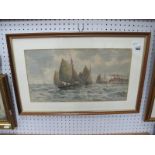 D. Watts, Fishing Boats at Full Sail, in choppy seas off harbour, watercolour signed lower left,