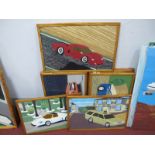 P.J Roebuck (Sheffield Artist) Car Studies, oil paintings, all in pine frames 36 x 56cm (10).