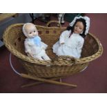 'FP' Doll, 65cm high, Roddy doll '21', wicker crib on stand.