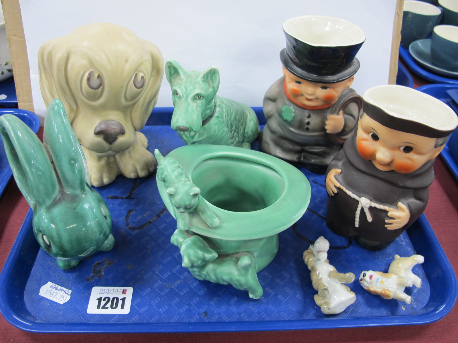 Sylvac 1247 Pup, 1205 Terrier, 1484 Cat on a Top Hat, Bourne Danesby Rabbit, Hummel etc:- One Tray.