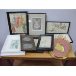 Prints, including fashion related, gilt braid in oval Edwardian leather twin photograph frame,