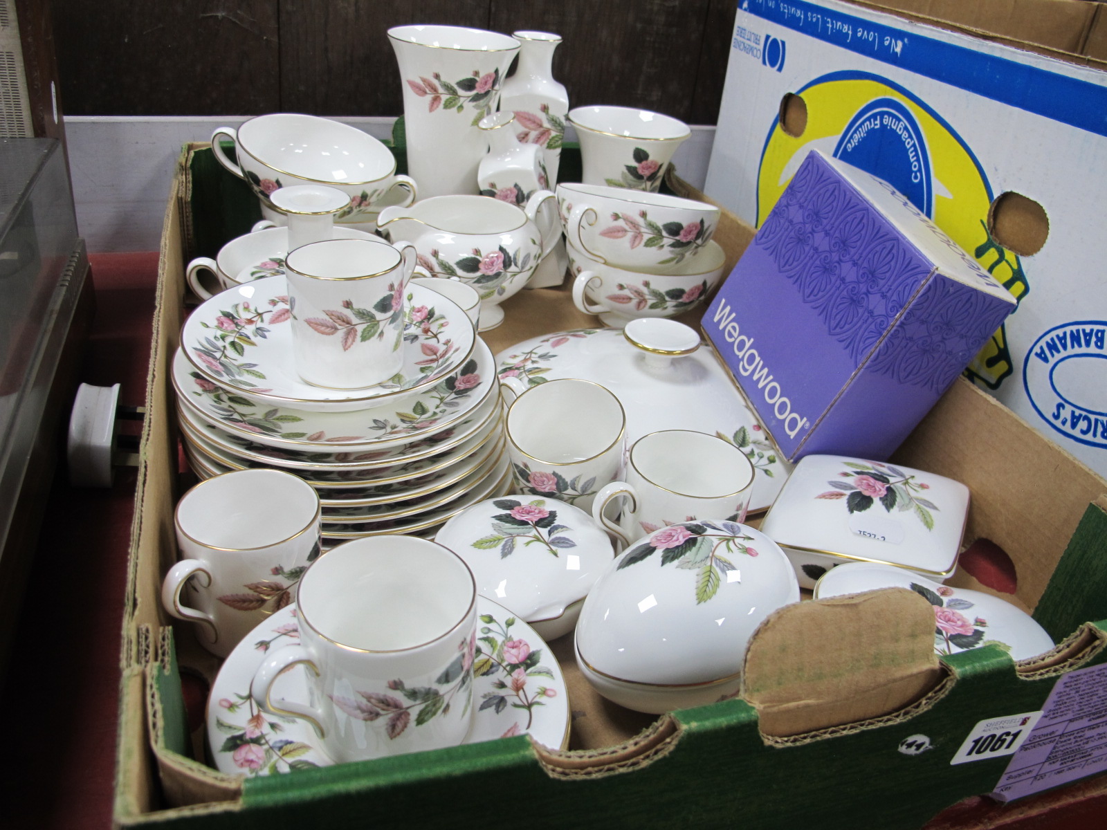 Wedgwood China 'Hathaway Rose', coffee cans, saucers soup bowls, vase, heartbox:- One Box.