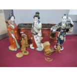 Oriental Pottery figurine of Warrior, 25.5cm high, two Geisha Girls, carved wooden rickshaw and