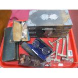 Victorian and Later Cased Spectacles, a metal bound box, five advertising toffee hammers, etc:-