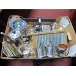 Chrome Table Ware, pewter coffee pot, trade cards, wash board:- One Box