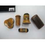 Three Treen Pin Cushions, including Scotts monument, snuff box, cylinder needle case. (5).