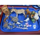 Beswick Donkey, Sylvac Yorkshire Terrier, Hornsea Fauna, Wade, metal figures, etc:- One Tray