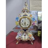 Reine Handarbeit, German ceramic cased mantle clock with applied floral encrustation, Royal Blue and