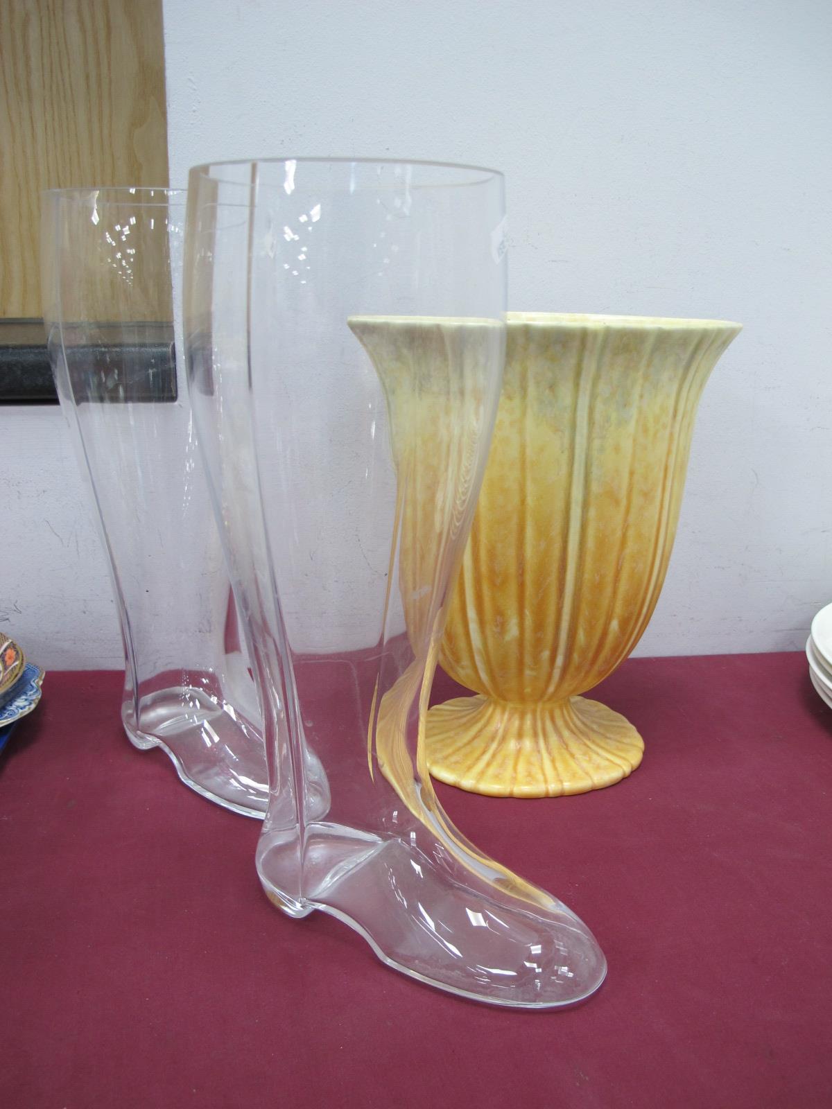 A Pair of Novelty Glass Drinking Boots, 34cm high; plus a large Beswick vase. (3)