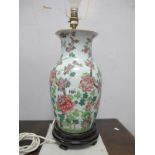 Oriental: Table Lamp, the body as a ceramic vase with flowering blossom, 39.5cm high excluding