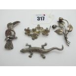 A Novelty Toucan Marcasite Set Brooch, stamped "925"; together with a marcasite set salamander