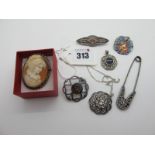 Victorian Hallmarked Silver and Other Brooches, "835 Sterling" Art Nouveau brooch, pendants.