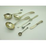 Two Hallmarked Silver Fiddle Pattern Sauce Ladles, crested; together with a hallmarked silver tea