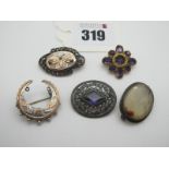 Vintage and Later Brooches, including Victorian hallmarked silver crescent brooch, a marcasite inset