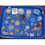 A Collection of Costume Brooches, including poppy, cat, boat, flowers, Art Deco style pin, etc :-