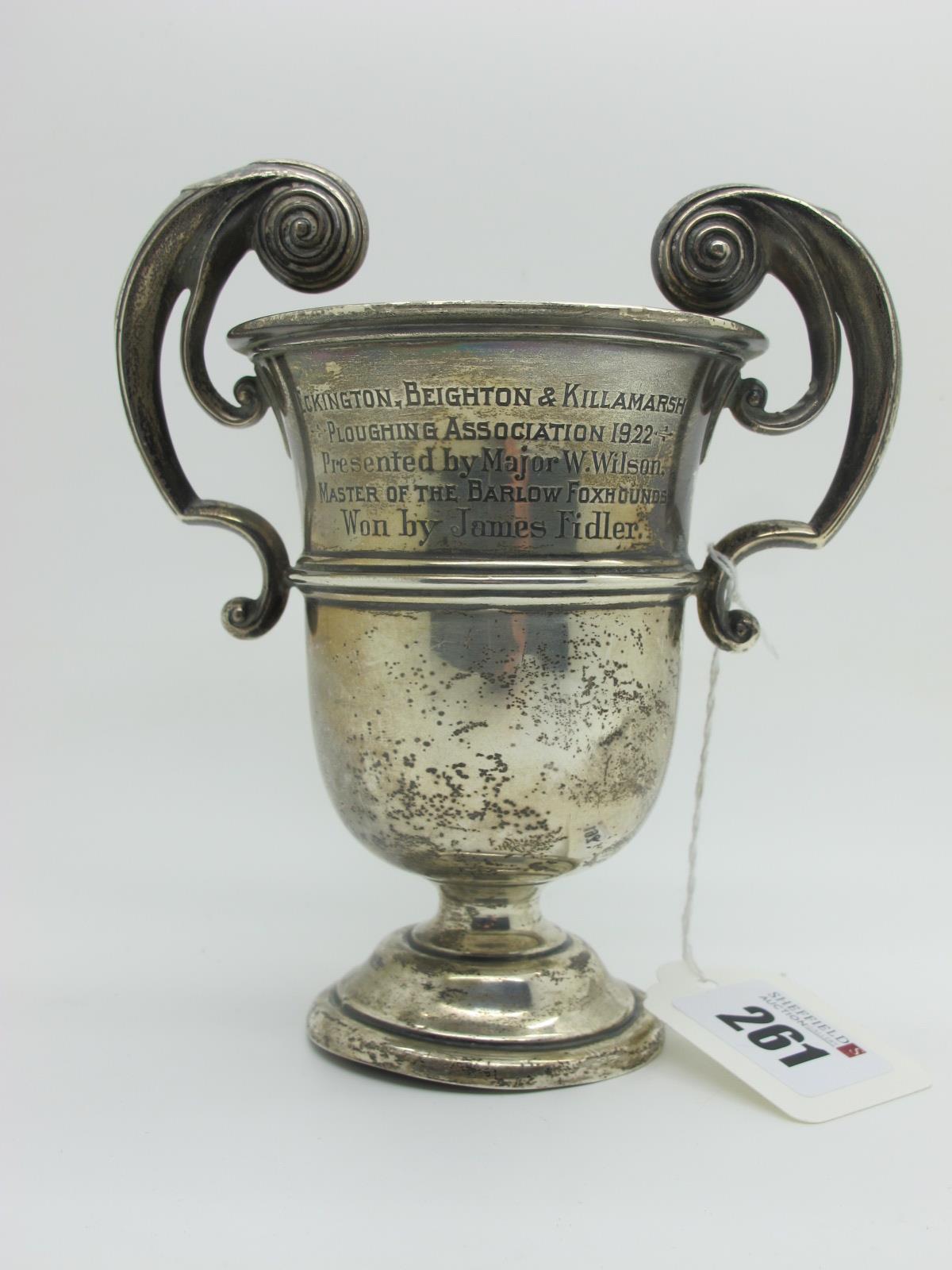 A Hallmarked Silver Twin Handled Trophy Cup, Walker & Hall, Sheffield 1922, engraved "Eckington,
