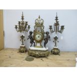 French Style Gilded Brass Clock Garniture Set, clock with a finial top, white dial, Roman