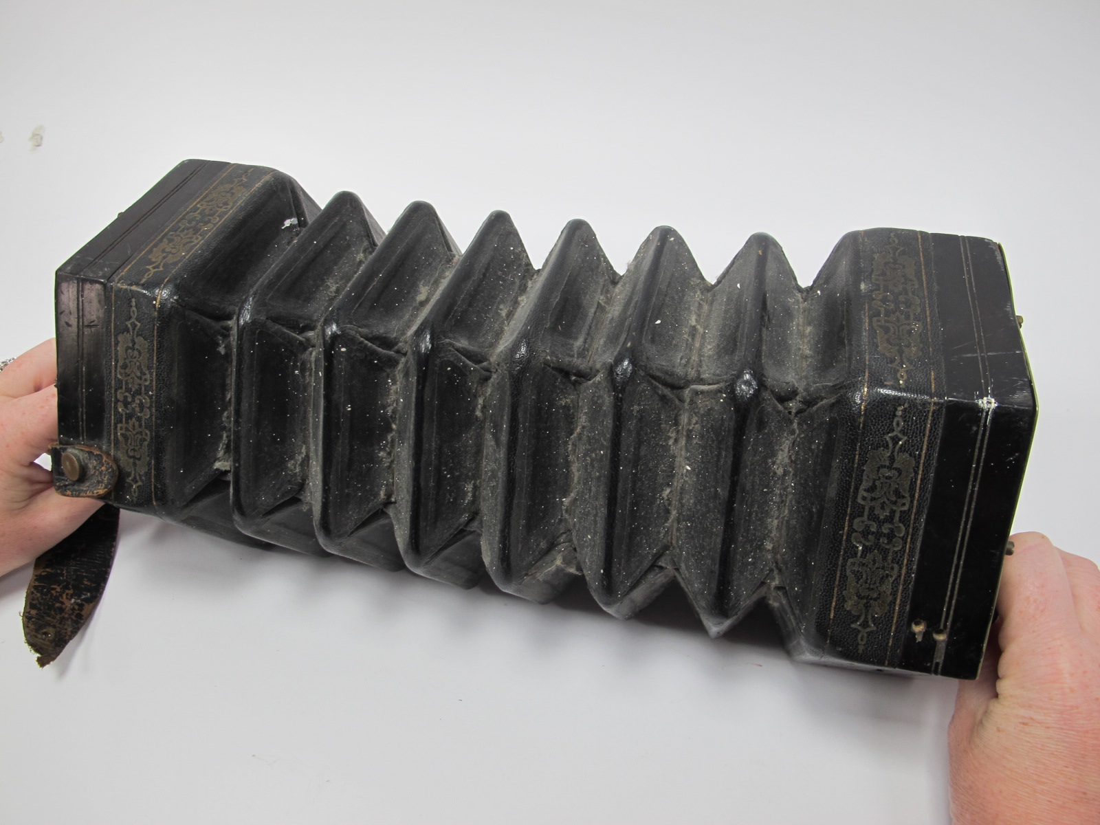 C. Jefferies Concertina, with thirty buttons (one absent), six section leather bellows, fret cut - Image 6 of 6