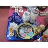 A XX Century Japanese Bowl, vase, glass basket, Goebel figure of a girl:- One Tray.