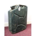 A WWII Period Metal Jerry Can, green painted with military arrow and 'F & H' to body, 47cm high.
