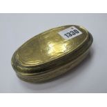 An Early XIX Century Dutch Brass Tobacco Box, oval with engraved decoration, (rubbed), 14cm wide.