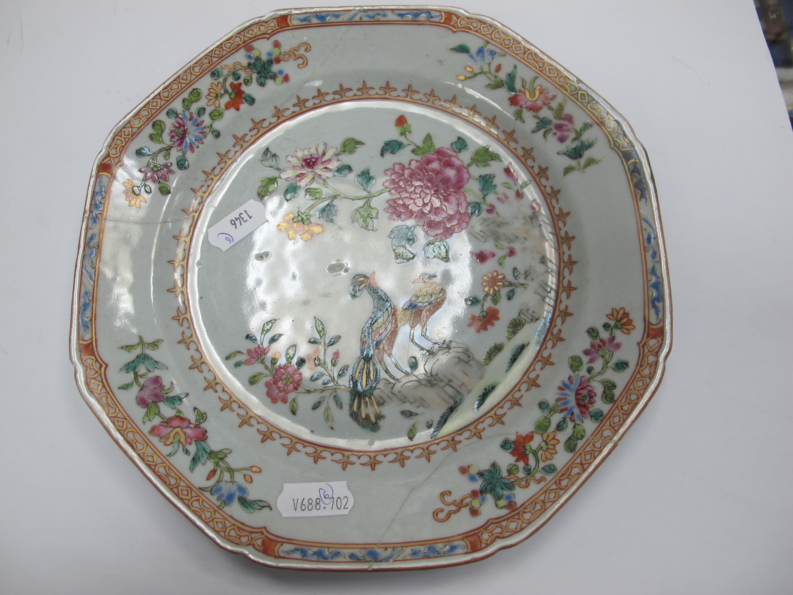 Oriental - Six XIX Century hand painted plates, two octagonal and four circular featuring foliage, - Image 4 of 14