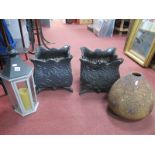 A Pair of Painted Cast Iron Planters, bulbous shaped stoneware vase, and a candlelight planter60,