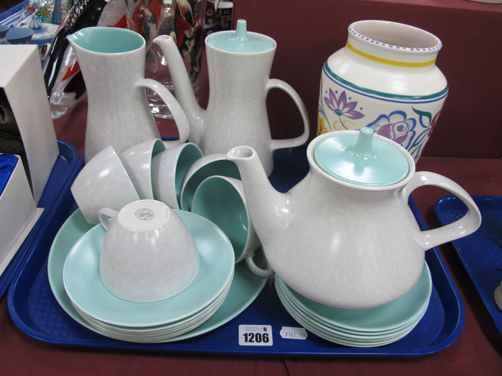 Poole Pottery Two Tone Table Ware, of twenty two pieces, including tea coffee pots, sylized vase