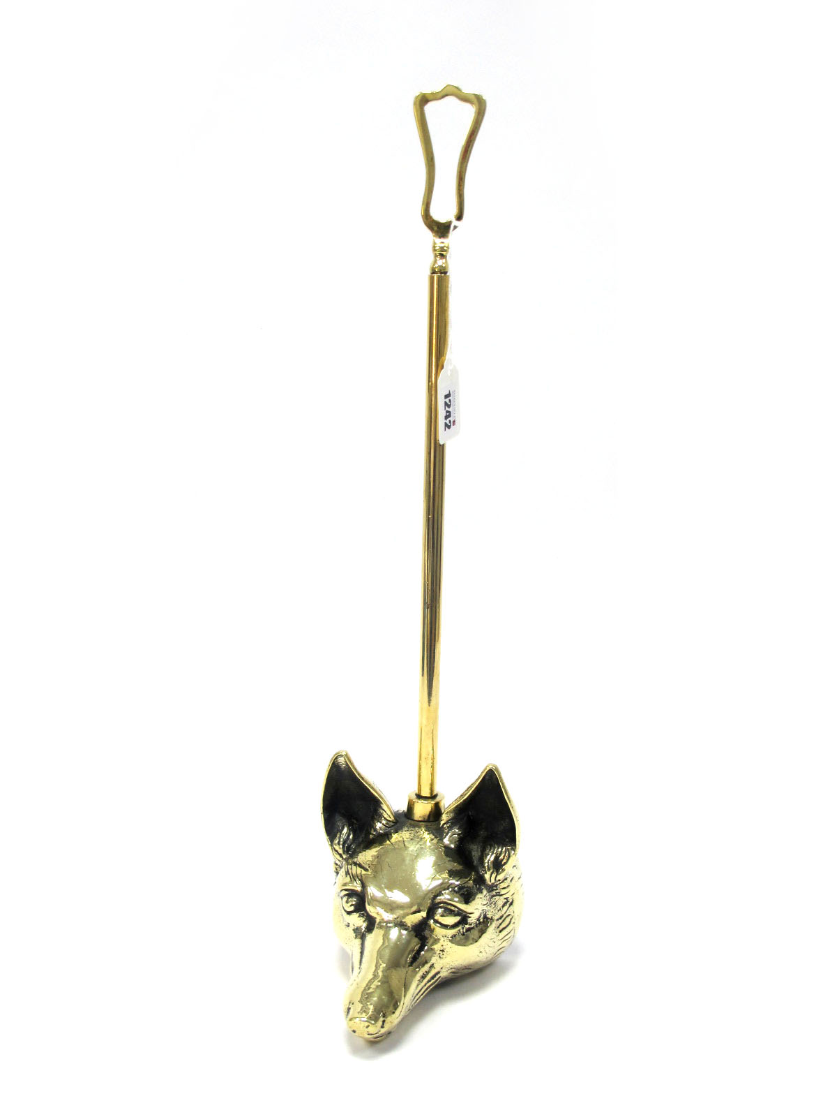 A Brass Door Stop, with elongated handle, the base as a fox head, 52.5cm high.