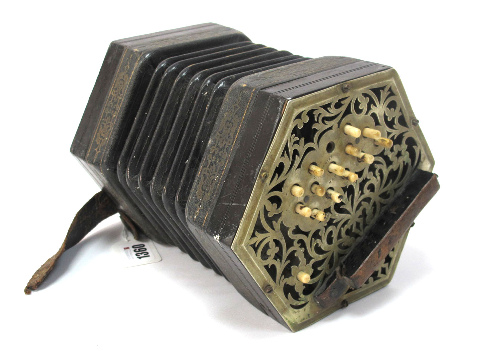 C. Jefferies Concertina, with thirty buttons (one absent), six section leather bellows, fret cut - Image 2 of 6