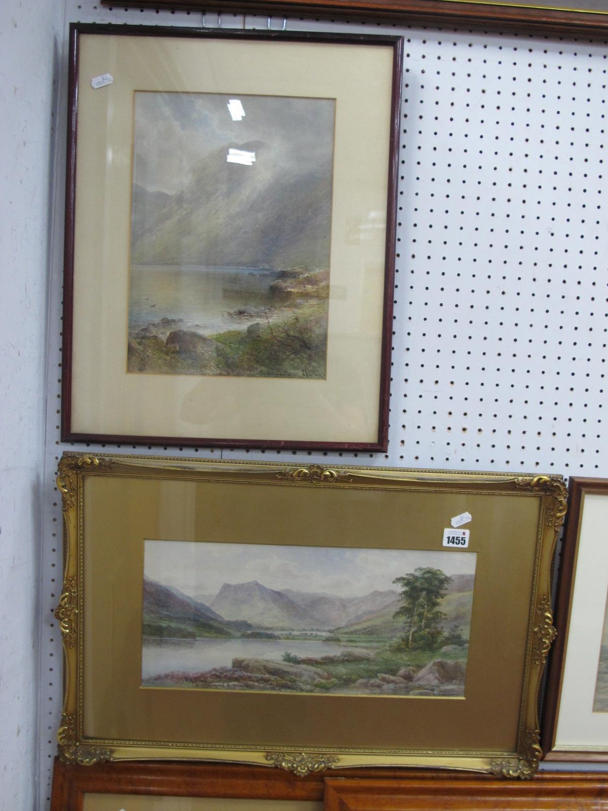 E.A Stock, 'Crummack and Bullamere' watercolour, signed and titled lower left, 19 x 40cm, another on