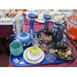 Wedgwood Blue Jasper Candlestick 20.5cm high, another (chipped), teapot (lid chipped), Doulton