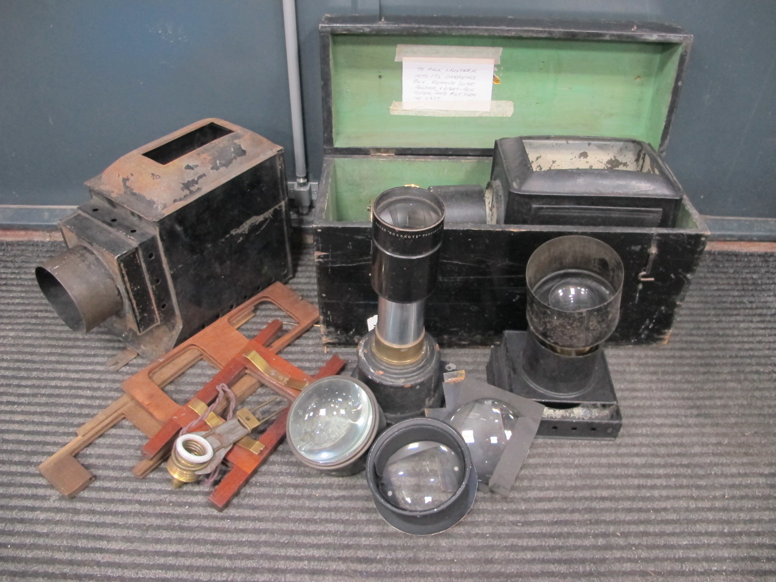 Magic Lantern Projector, with brass casing o each lens, in wooden carry box, one other