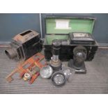 Magic Lantern Projector, with brass casing o each lens, in wooden carry box, one other