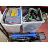 Fishing Stool, multi rod rest, containers, hooks, lines, scales, mixing bowls, etc:- Two Boxes