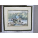 Gillian Ticher (Irish Artist) 'Fishing Upstream', watercolour, signed lower left, 29.5 x 37.5cm.