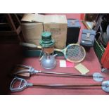 Two Shooting Sticks, two Bialaddin pressure lanterns, squash racquet:- One Box.