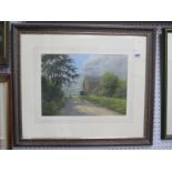 T Leighton (Derbyshire Artist), Farmer and Sheepdog on Country Track, pastel drawing, signed lower