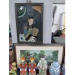 Chinese Portrait Painting on glass, 44.5 x 28.5cm, and Chinese garden fabric. (2).