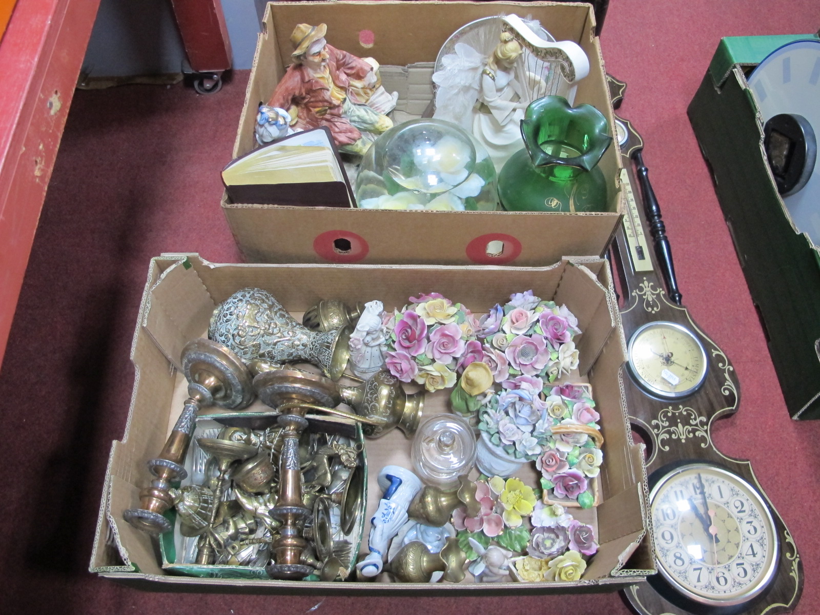 Brassware, posies, figurines, etc:- Two Boxes, plus wall barometer/clock.