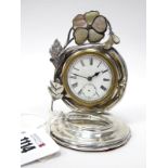 A Decorative Hallmarked Silver Mounted Bedside Clock, (makers mark incomplete) London 1910, the